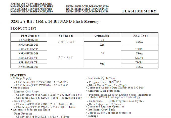 Чип контроллера вспышки К9Ф5608УОД-ПКБО Нанд флэш-память НАНД бита 32М кс 8 бит 16М кс 16